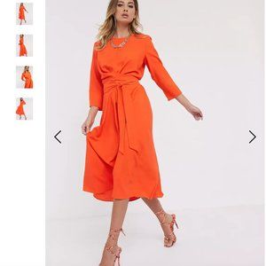 ASOS DESIGN tie wrap around midi skater dress in orange